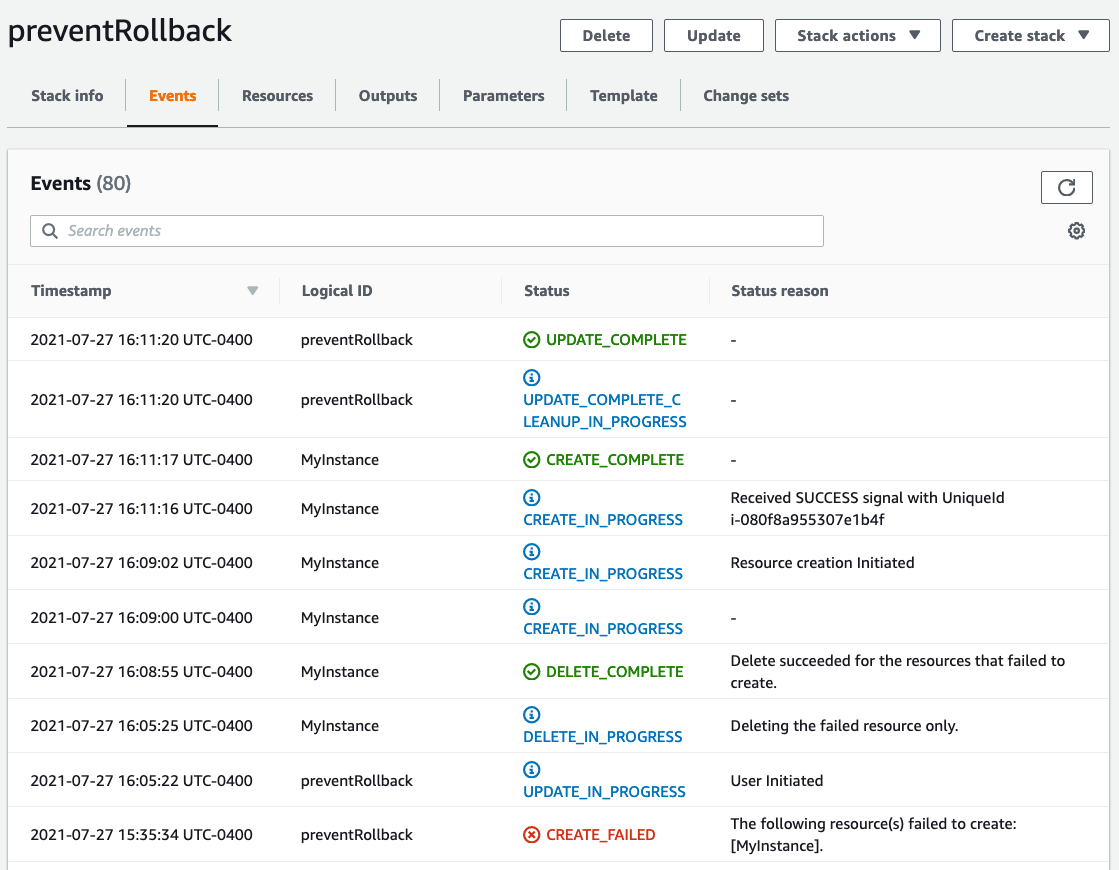 The Events tab of a stack in the CloudFormation console shows that the stack was previously in a state of CREATE_FAILED, but is now in a state of UPDATE_COMPLETE.