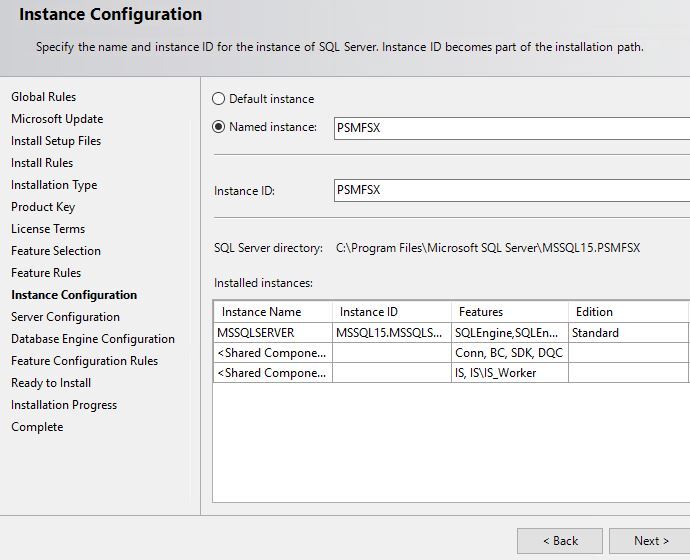 Instance Configuration displays two radio buttons: Default instance and Named instance (in this example, selected). The name entered is PSMFSX. The same value is displayed in the Instance ID field.