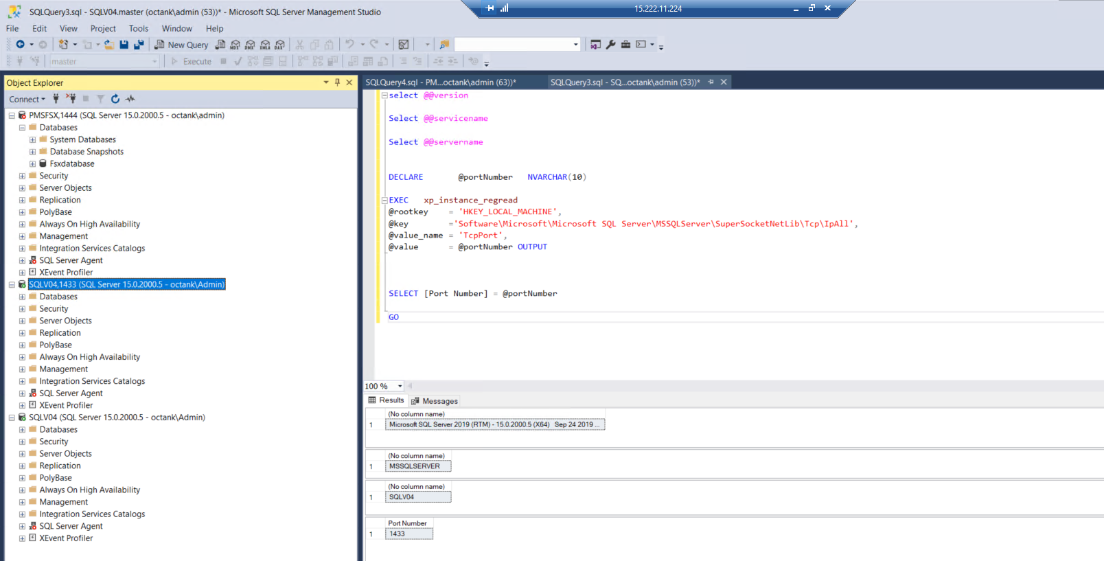 In SQL Server Management Studio, the displayed version is Microsoft SQL Server 2019 (RTM). The port number is 1433.