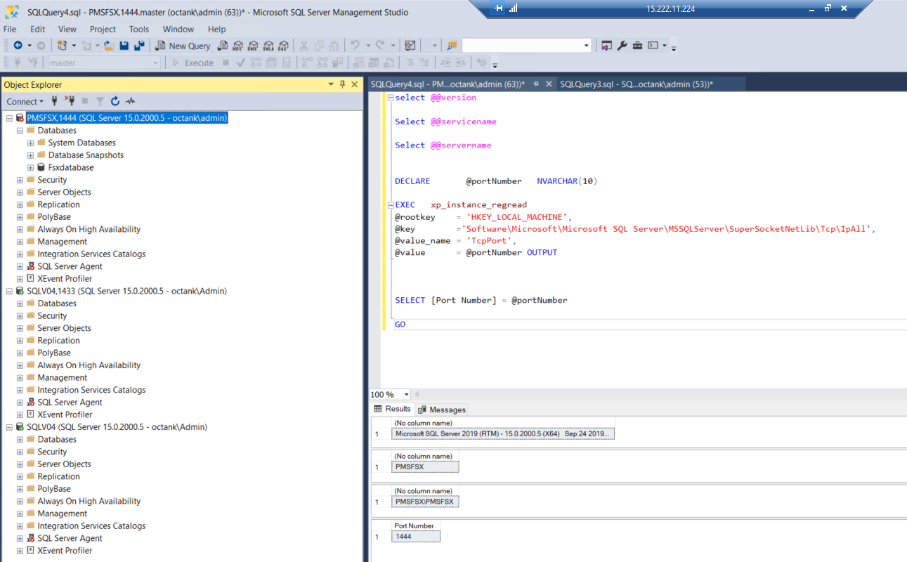 In SQL Server Management Studio, the displayed version is Microsoft SQL Server 2019 (RTM). The port number is 1444.