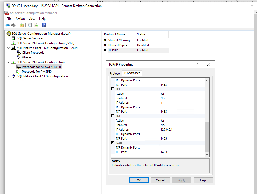 In SQL Server Network Configuration, Protocols for MSSQLSERVER is selected. In the TCP/IP Properties dialog box, the TCP port is 1433.