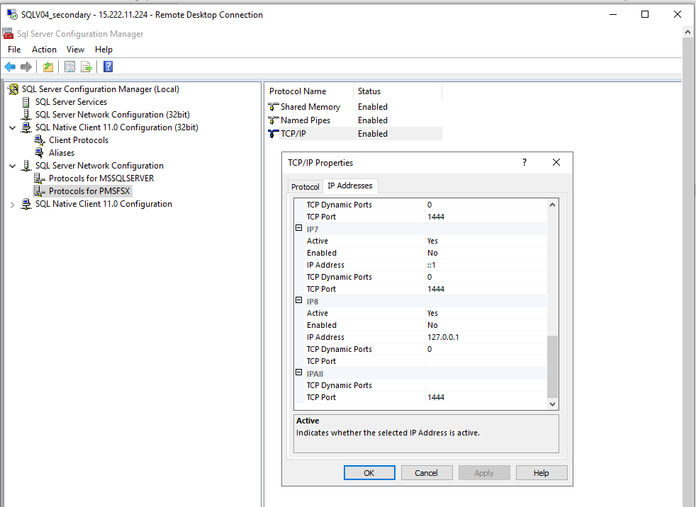 In SQL Server Network Configuration, Protocols for PSMFSX is selected. In the TCP/IP Properties dialog box, the TCP port is 1444.