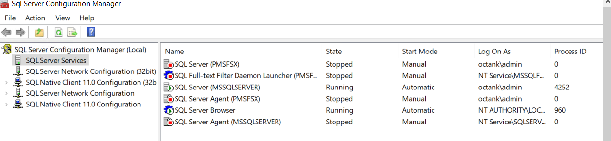 In SQL Server Configuration Manager, SQL Server Services is selected. The right pane displays a list of service, their state (Stopped or Running), start mode (Manual or Automatic), log on as, and process ID.