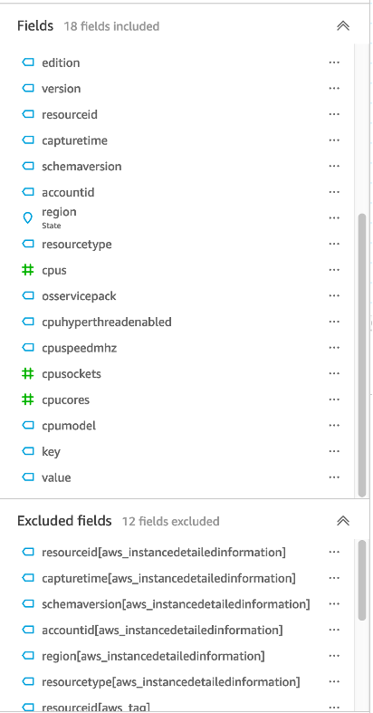 There is a list of the 18 included fields and the 12 excluded fields.