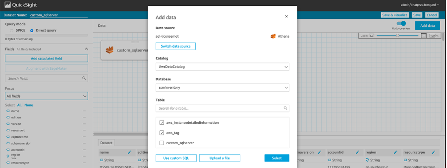 In the QuickSight dataset editor, there are three tables under ssminventory: aws_tag, aws_instancedetailedinformation, and custom_sqlserver.