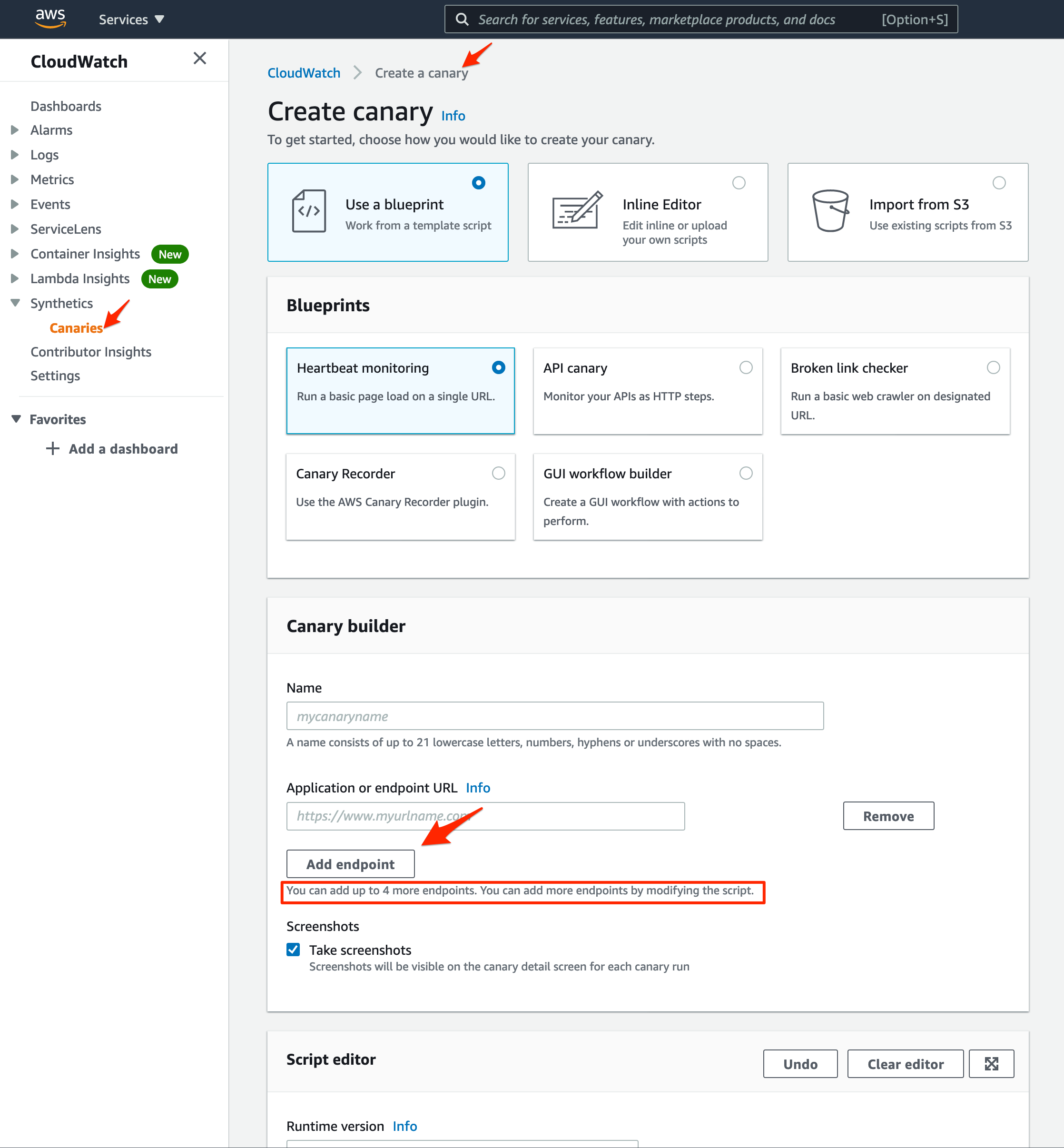 On the Create canary page, the Use a blueprint option is selected. Under Blueprints, Heartbeat monitoring is selected. In Canary builder, you can add up to five endpoints. You can add even more by modifying the script.