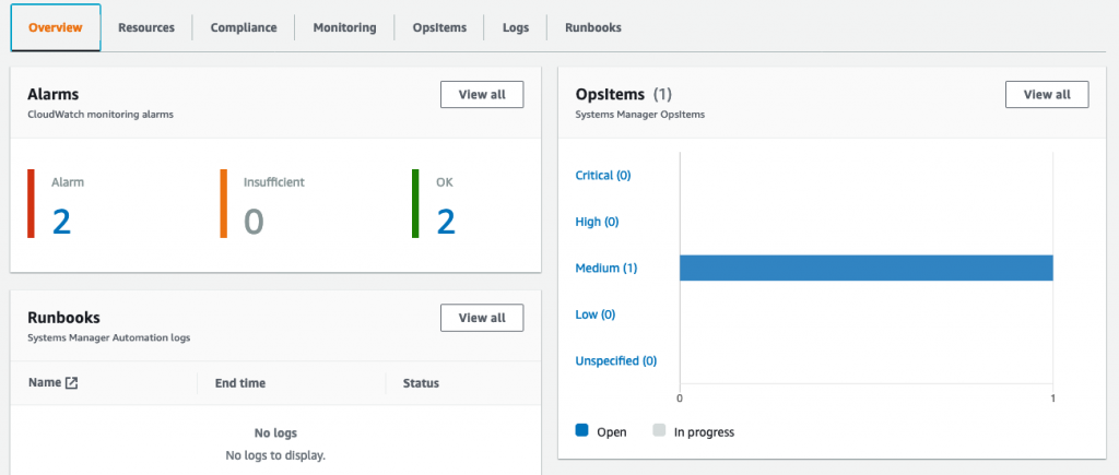 Application overview with active OpsItems in Application Manager