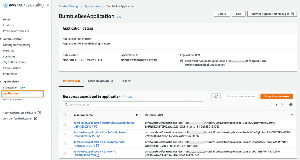 Resource view of an application created in the AppRegistry