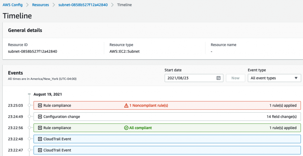 View the timeline of changes that occurred on a resource