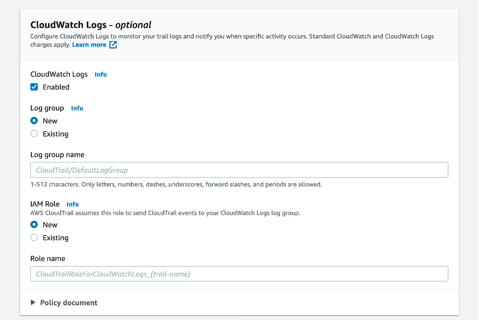 Inside CloudTrail creation on the CloudWatch Logs optional box, check the enable check box. Under Log group, the new option is selected. Under IAM Role, the new option is selected.