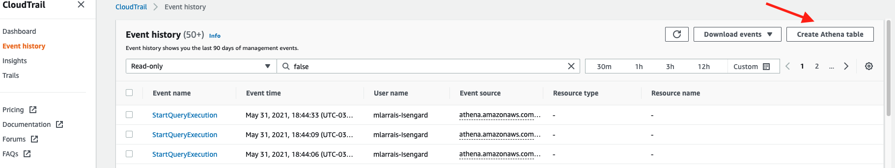On Cloud Trail Event history, select Create Athena table button, for the table creation.