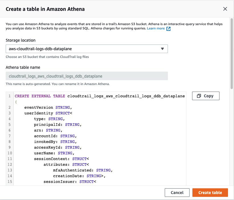 In Create a table in Amazon Athena, for Storage location, aws-cloudtrail- logs-ddb-dataplane is selected. In Athena table name, cloudtrail_logs_aws_cloudtrail_logs_ddb_dataplane is entered. The text field displays code for CREATE EXTERNAL TABLE.