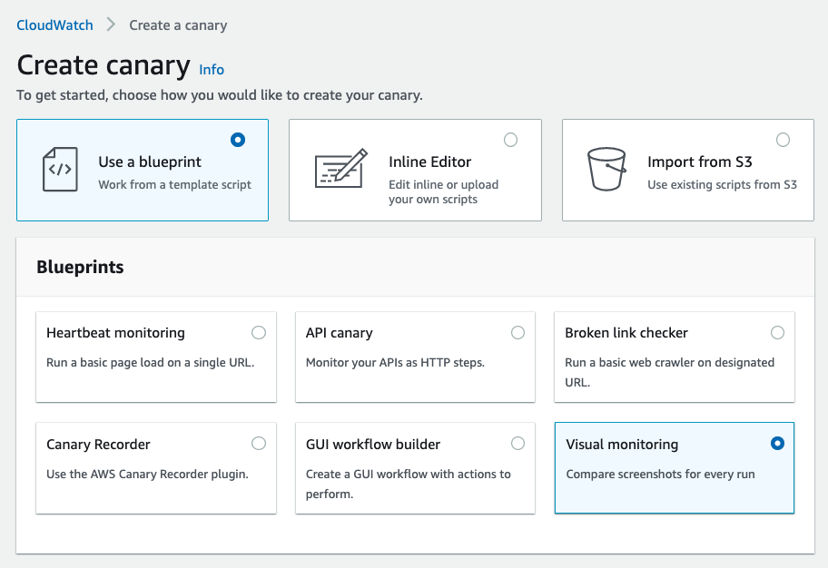 Create canary wizard with Use a blueprint selected. Visual monitoring selected under Blueprints.