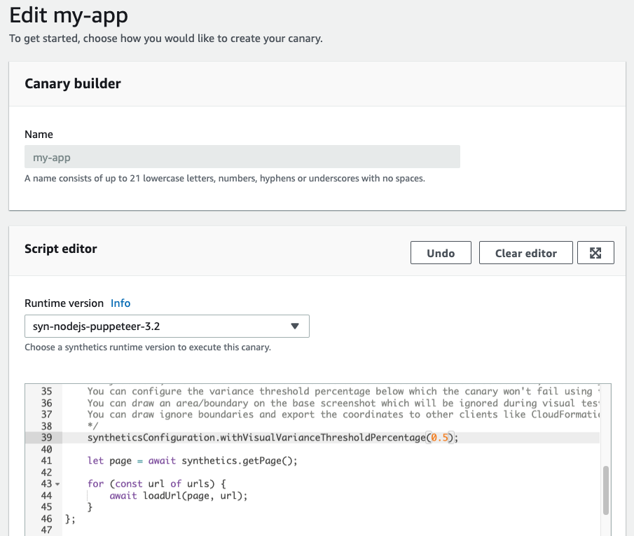 Edit canary wizard with 0.5 specified as the value for syntheticsConfiguration.withVisualVarianceThresholdPercentage() under Script editor.