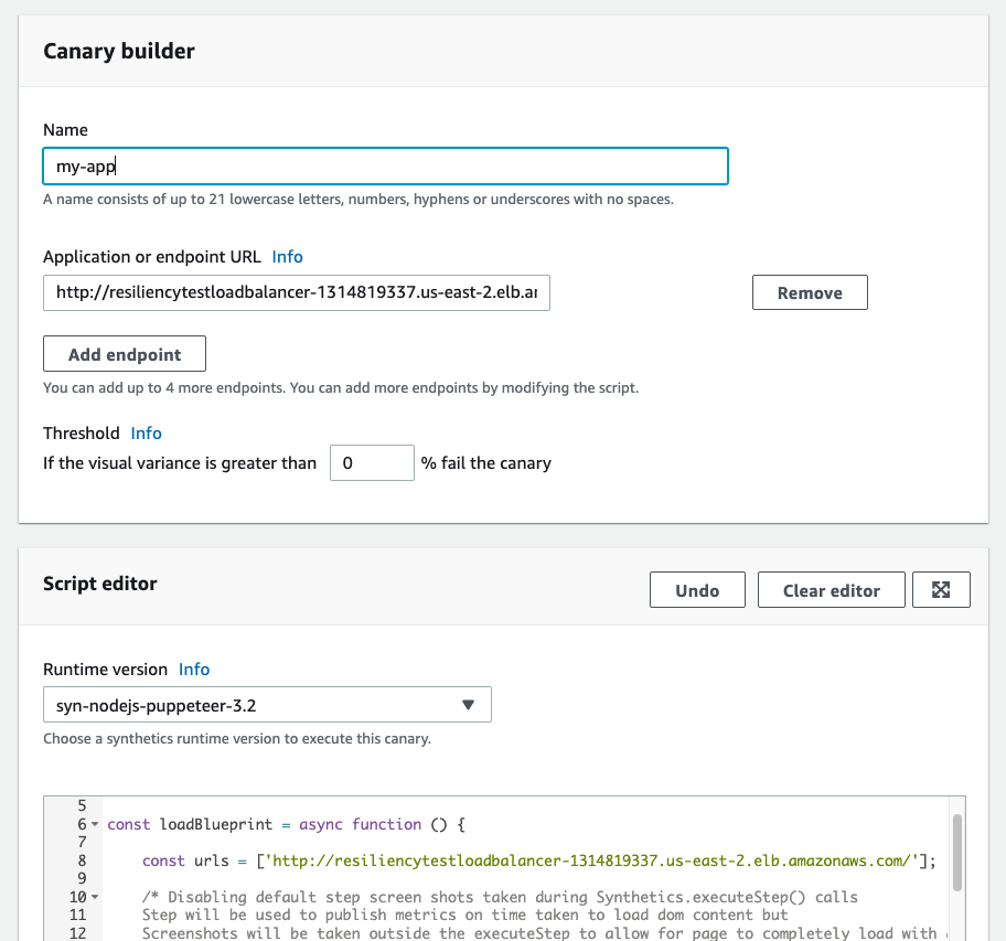 my-app entered for canary Name and endpoint value entered in Application or endpoint URL textbox. Threshold set to 0 and syn-nodejs-puppeteer-3.2 selected for Runtime version.