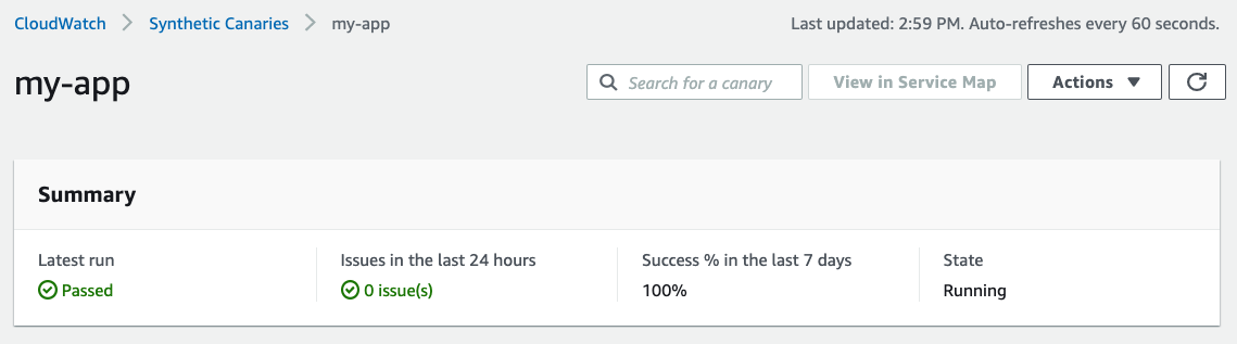 Canary summary, 0 issues in the last 24 hours, 100% success in the last 7 days and in the Running state.