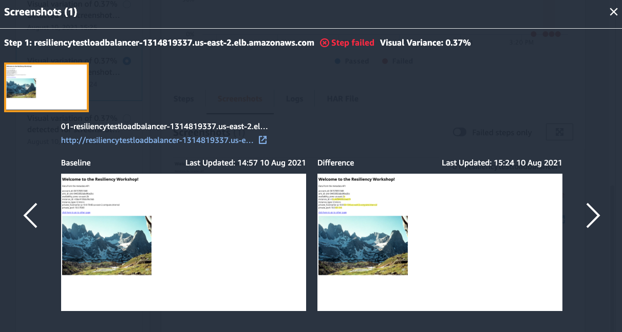 Screenshots tab with Baseline and canary run images side by side, as well as the visual differences highlighted in yellow. Step status is Step failed with Visual variance of 0.37%.