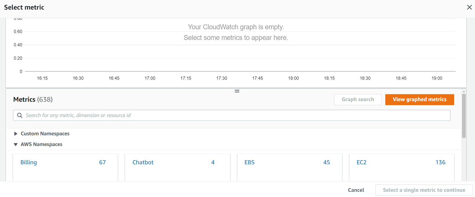 Specify metric and conditions page and choose Select metric. Find the Billing metric and drill down to Total Estimated Charge.