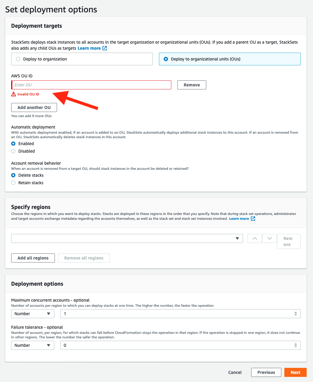 Set Deployment options with field to enter OU ID highlighted.