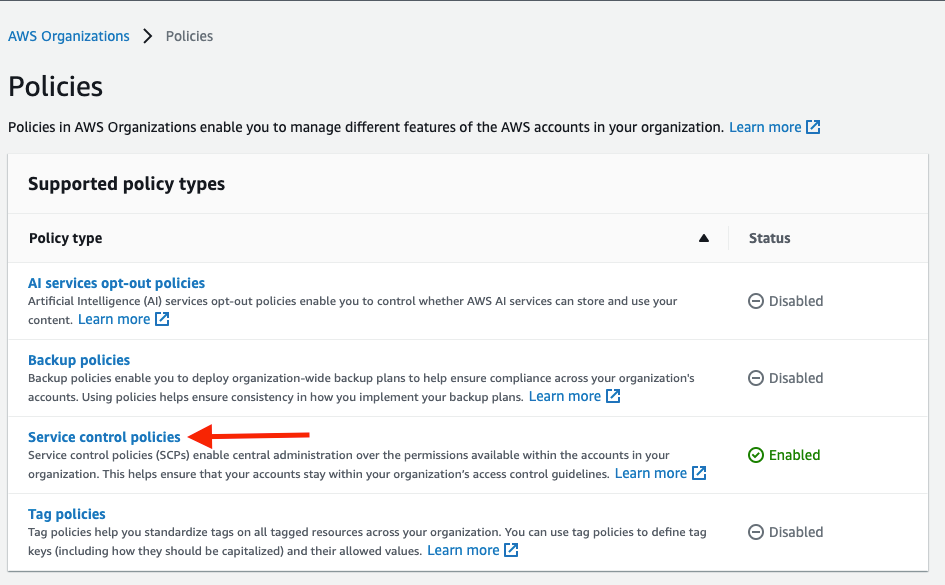  List of supported policy types for organization with Service Control policy highlighted.