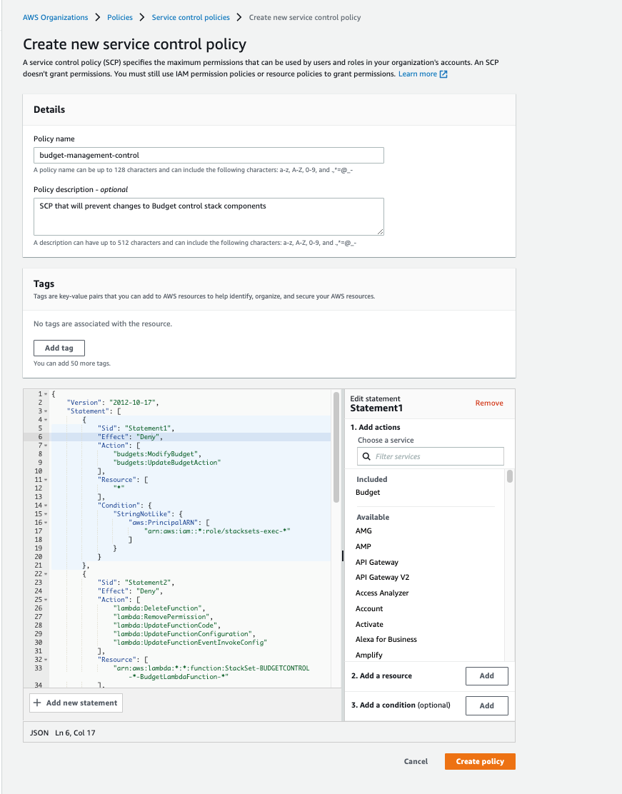 New service control policy form with policy name, description, and statements.