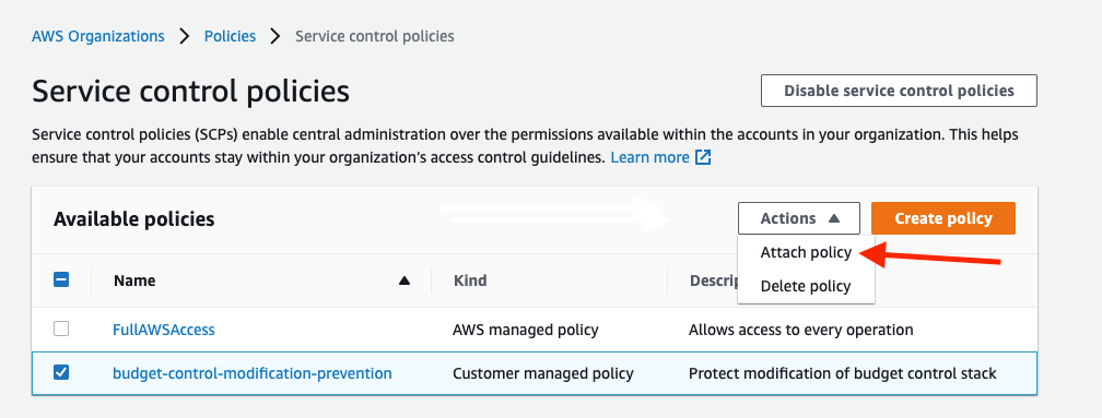 Select the budget-control-modification-prevention policy, and select attach policy in the actions dropdown.