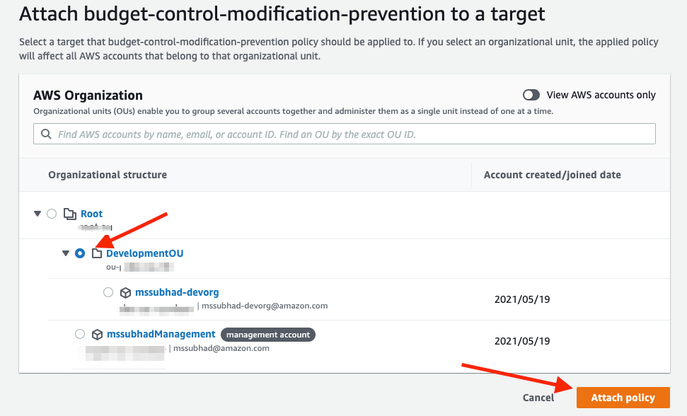 Development OU radio button selected in attach policy screen, and attach policy button highlighted in bottom right.