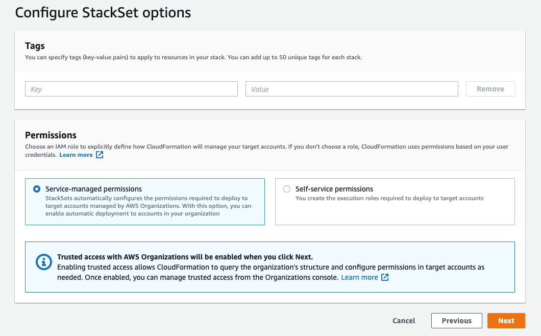 Service-managed permissions selected in configure stackset options.