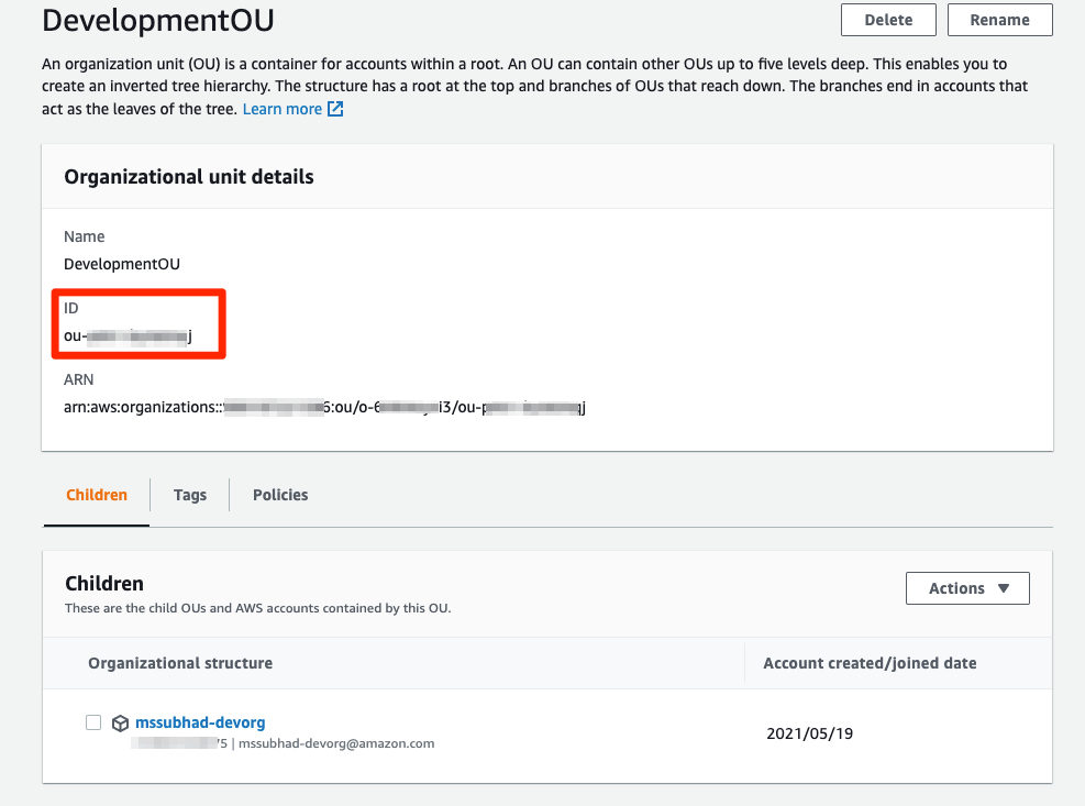 Highlighting the OU ID in the Development OU details.