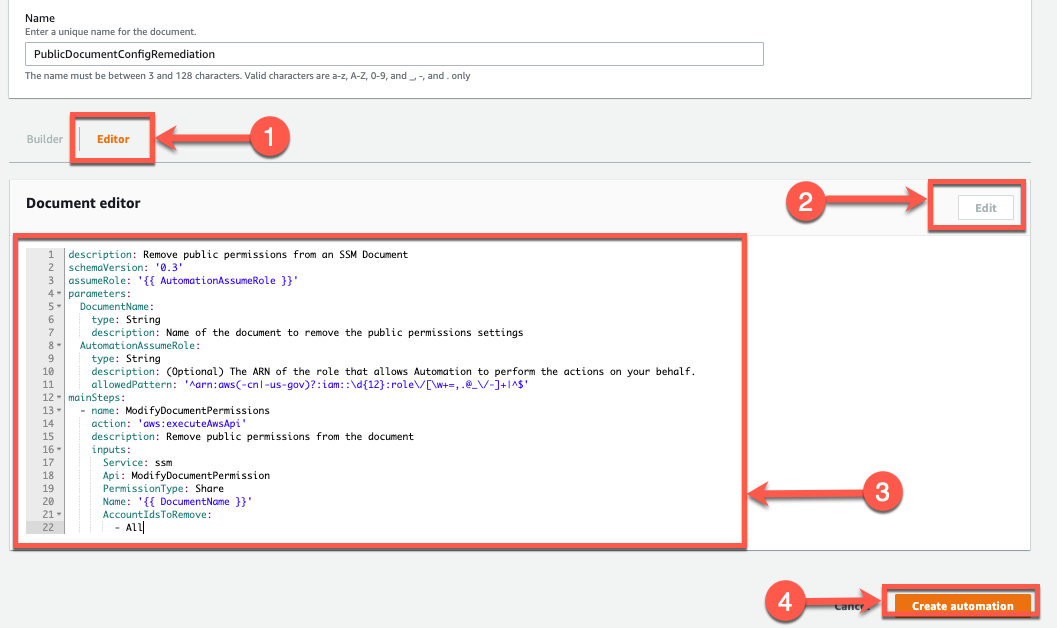 In the console, select "Editor" then "Edit" ten past code into Document editor. Finally select "Create automation"