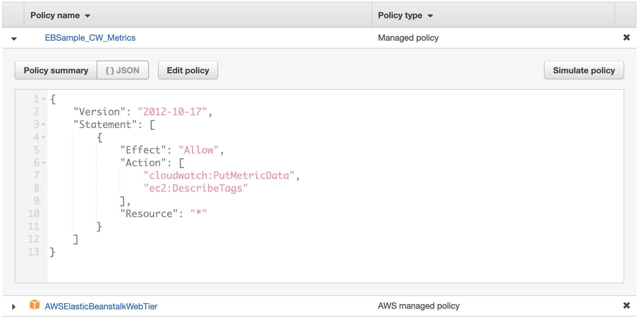 The custom role includes two policies: the custom policy and the Elastic Beanstalk web tier policy, as described in the procedure steps.