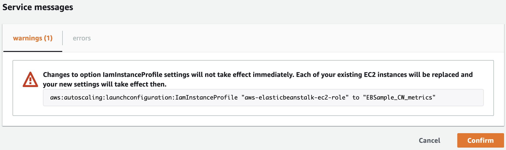 Changing the IAM instance profile setting requires confirmation.