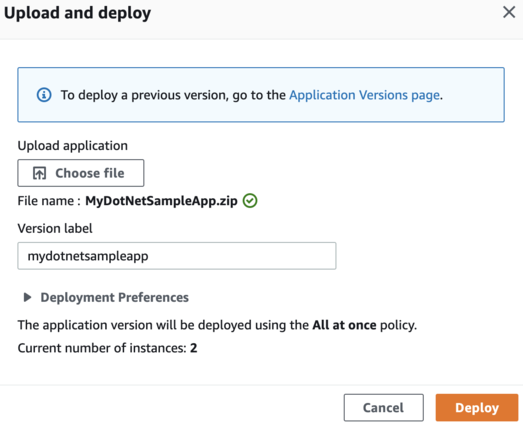 The upload and deploy dialog box displays the values used in the procedure steps.