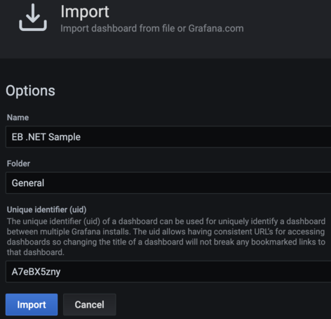 Import the dashboard by selecting the provided JSON file and choosing Import.