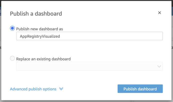 Publishing QuickSight dashboard with "Publish new dashboard as RegistryVisualized" selected.