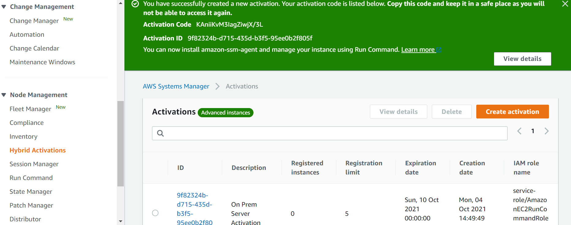 Image showing a new activation in AWS Systems Manager console.