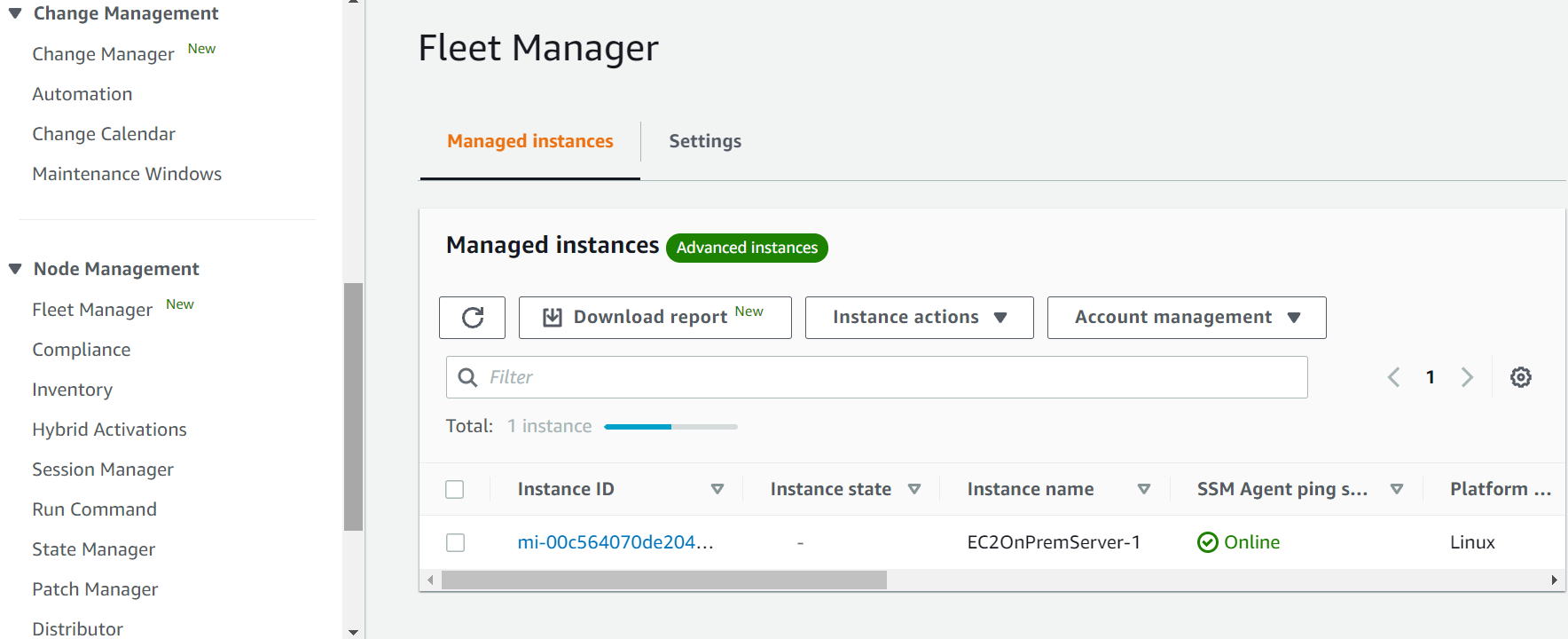 Managed on-premises server(s) in AWS Systems Manager console.