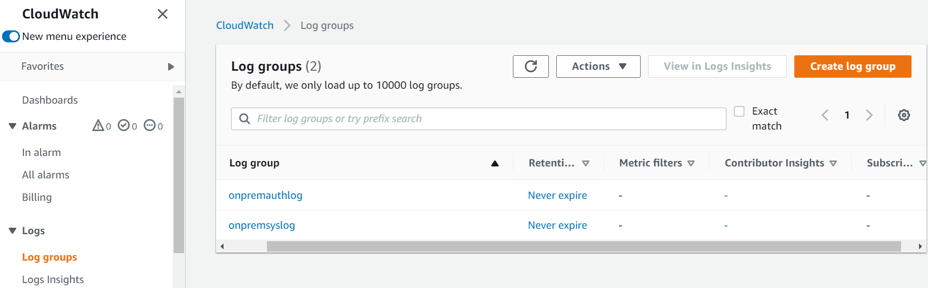 CloudWatch log groups for ingesting logs from on-premises servers.