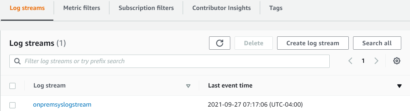 CloudWatch log stream created in the log group to capture CloudWatch logs.