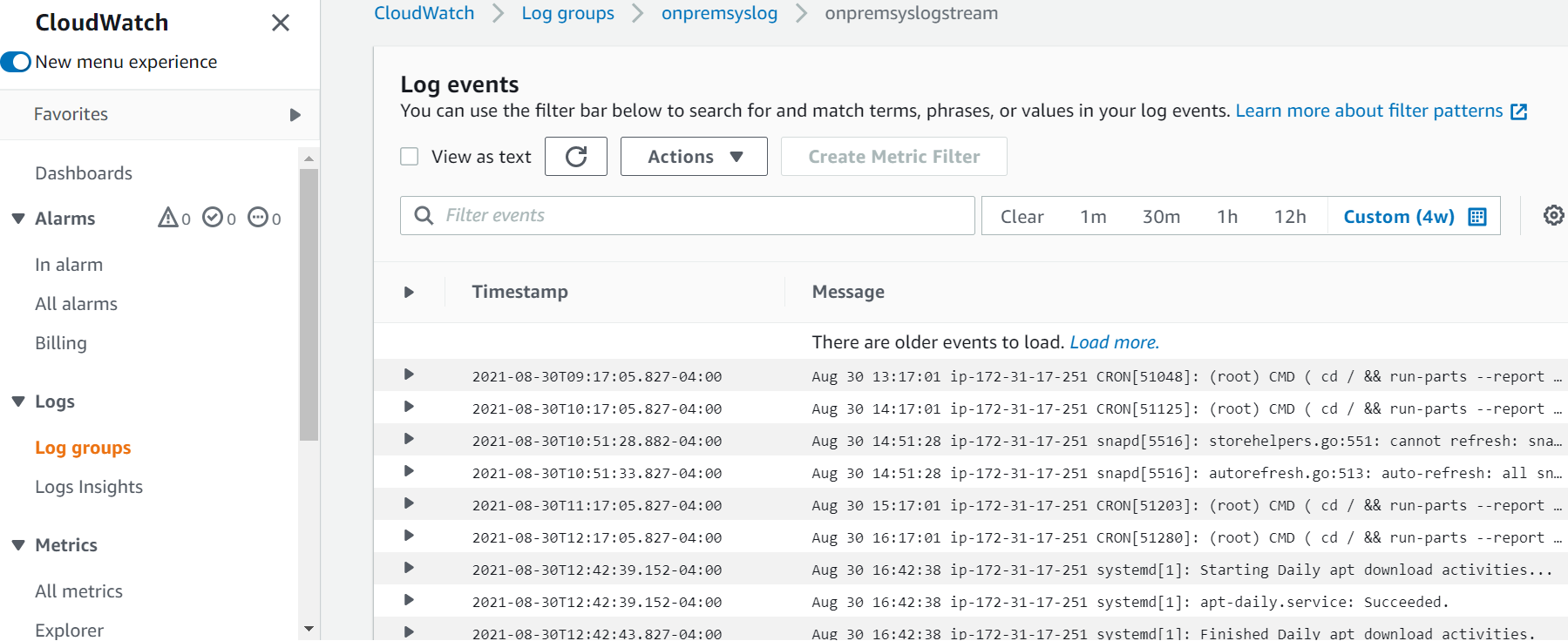 Logs pushed from on-premises servers in the AWS CloudWatch console