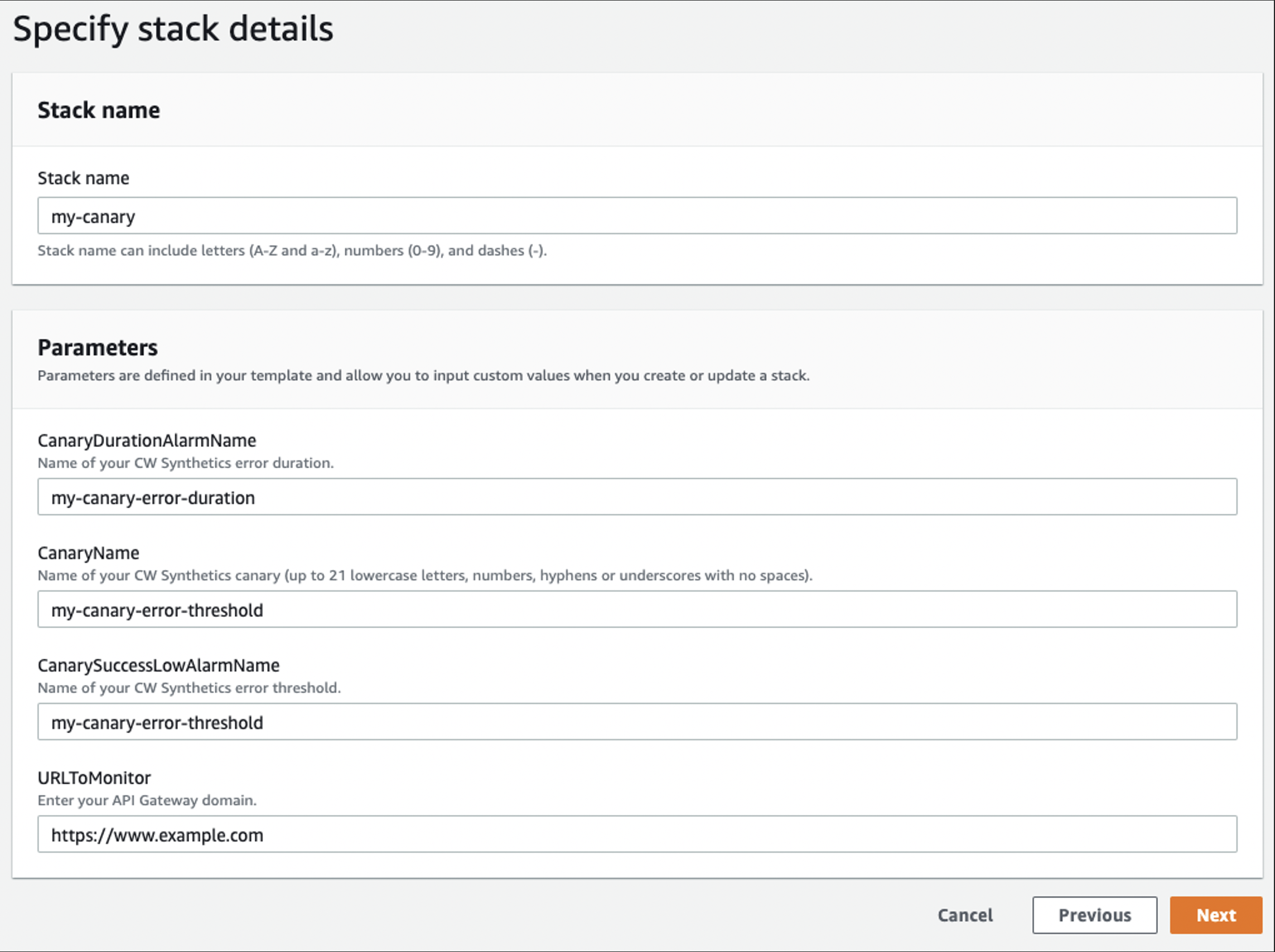 The AWS CloudFormation shows sample parameters for launching the Synthetics.yaml template. 