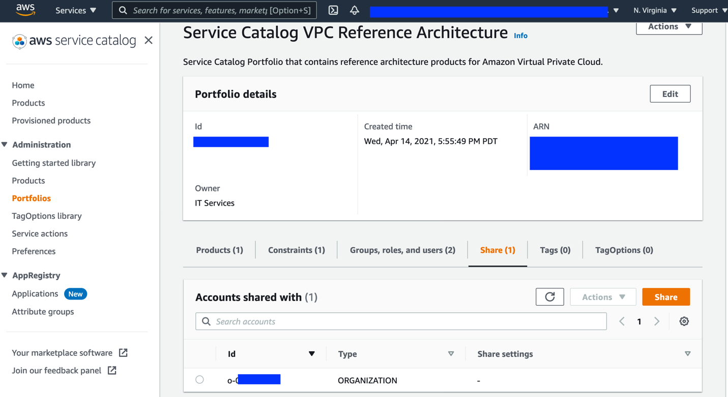 The Service Catalog VPC Architecture page displays portfolio details like ID, owner, created time, and ARN. Under Accounts shared with, there is an entry for an account with a Type of ORGANIZATION.