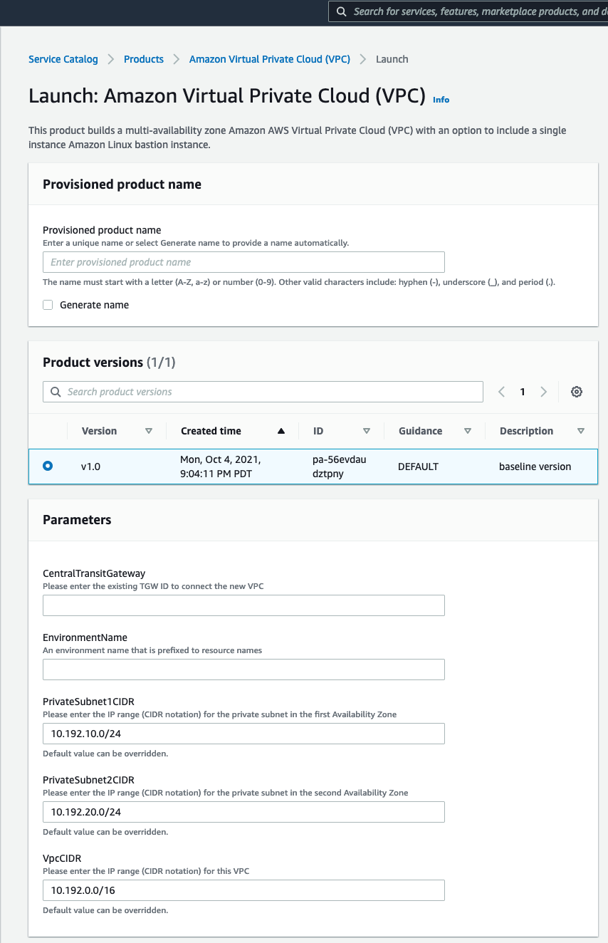 The VPC product launch screen in the Service Catalog.