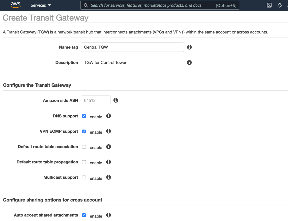 The Create Transit Gateway page displays fields for name tag and description. Under Configure the Transit Gateway, the Default route table association and Default route table propagation checkboxes are cleared. The Auto accept shared attachments checkbox is selected.