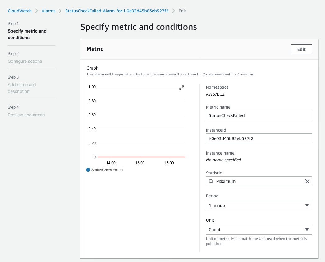 In Specify metric and conditions, the alarm is configured to watch the StatusCheckFailed metric. The Period field is set to 1 minute. The Unit field is set to Count.