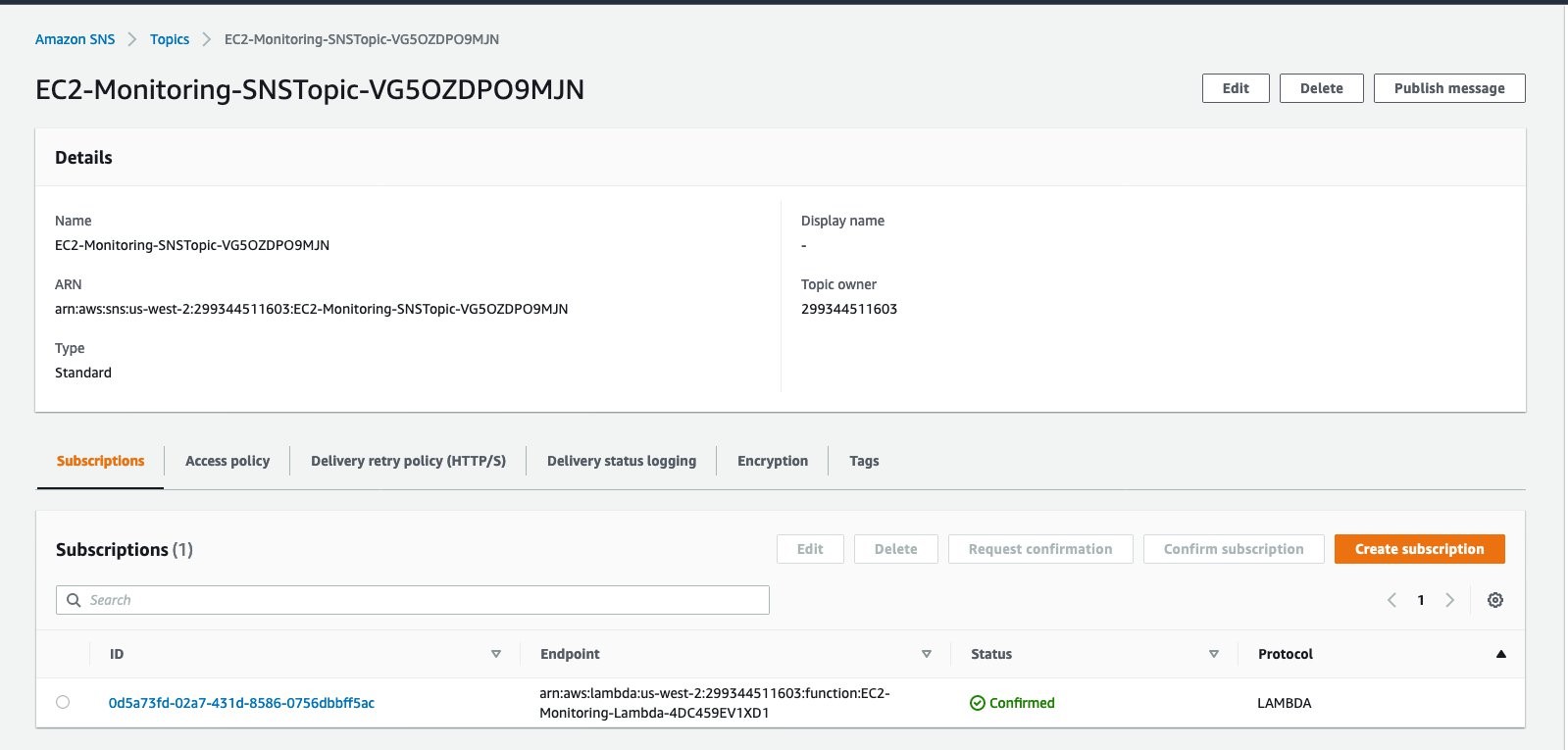 SNS topic details which includes its name (in this example, EC2-Monitoring-SNSTopic), ARN, type, and topic owner. There is one subscription in the Subscriptions list.