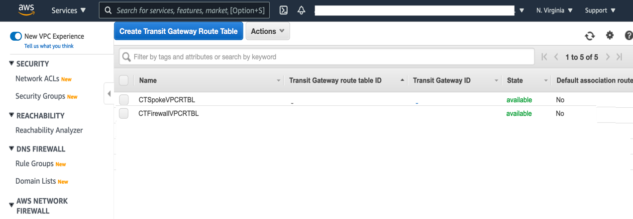 The Spoke VPC and Firewall route tables are displayed in a list. Both are in an available state.