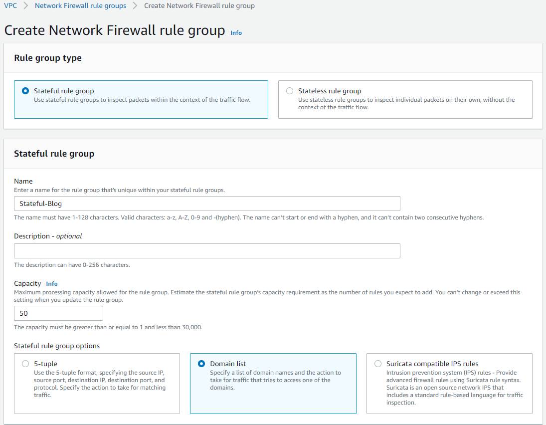 The stateful rule group creation wizard is shown with a rule capacity of 50, and the domain list option selected.