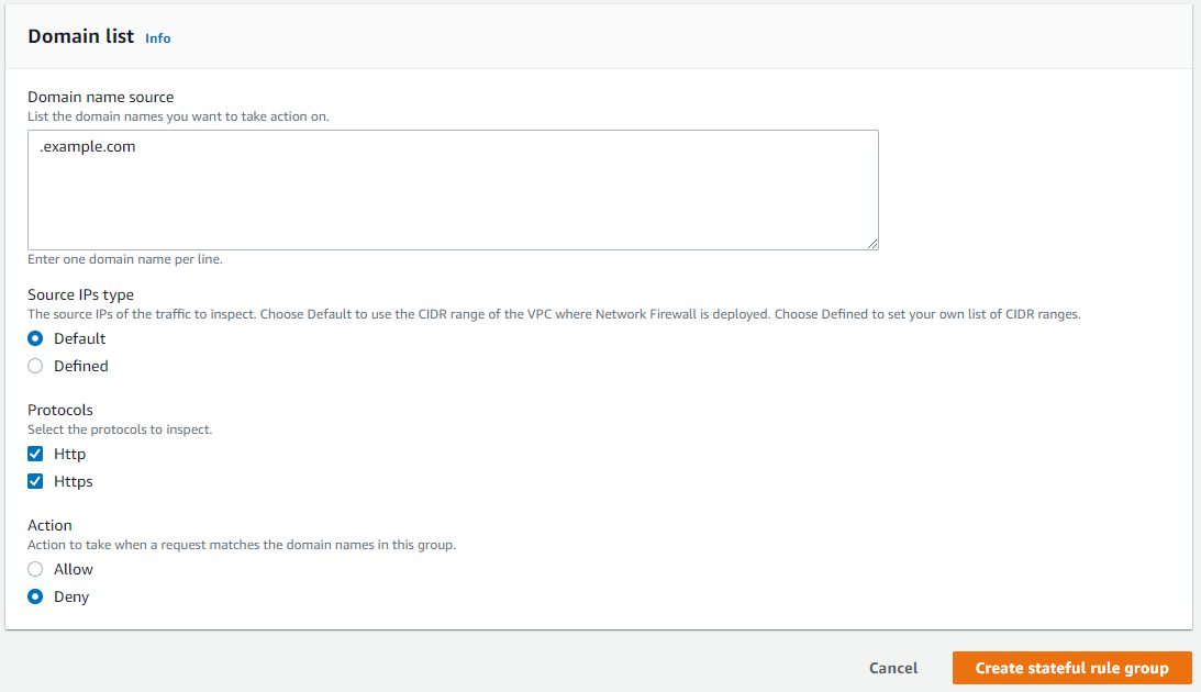 The domain list options and the remainder of the stateful rule group creation options are displayed.