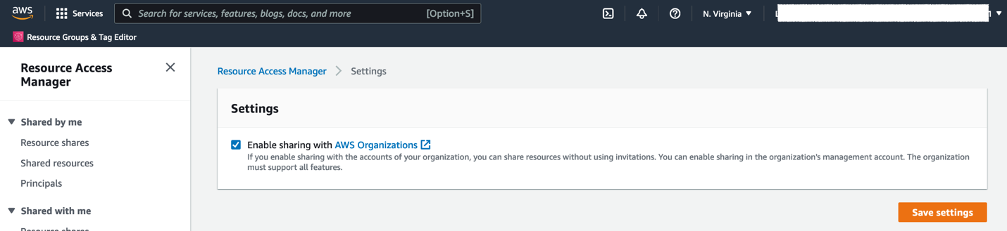 On the Settings page, the Enable sharing with AWS Organizations checkbox is selected.